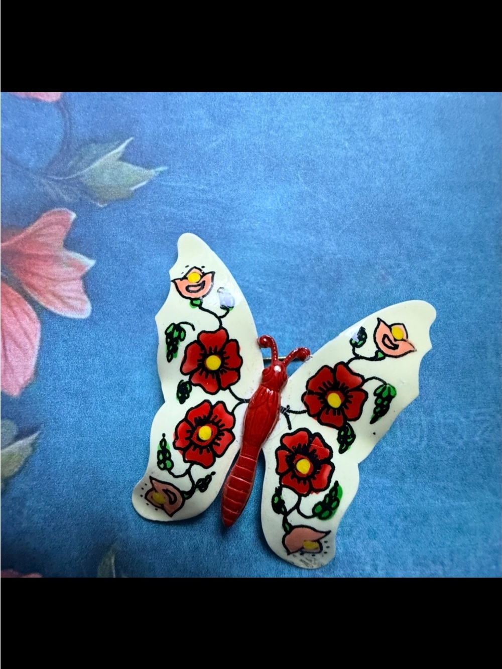 Red Floral Butterfly Enamel Brooch - Unbranded